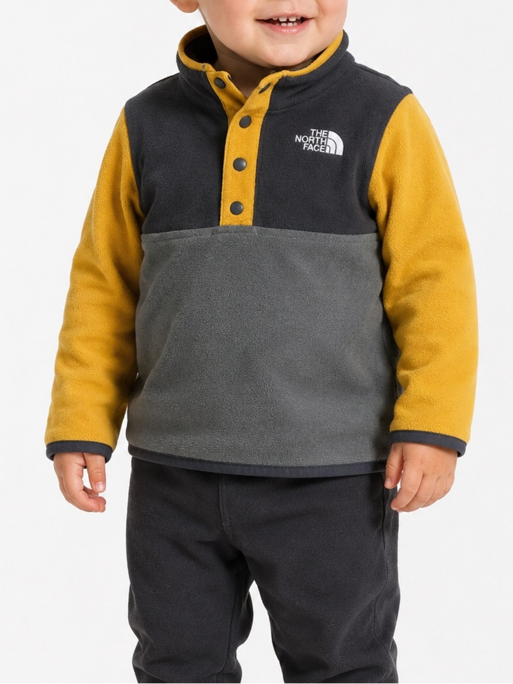 The North Face Snap Button Gray Gold Fleece Pullover Cozy Boys Infant 18-24M